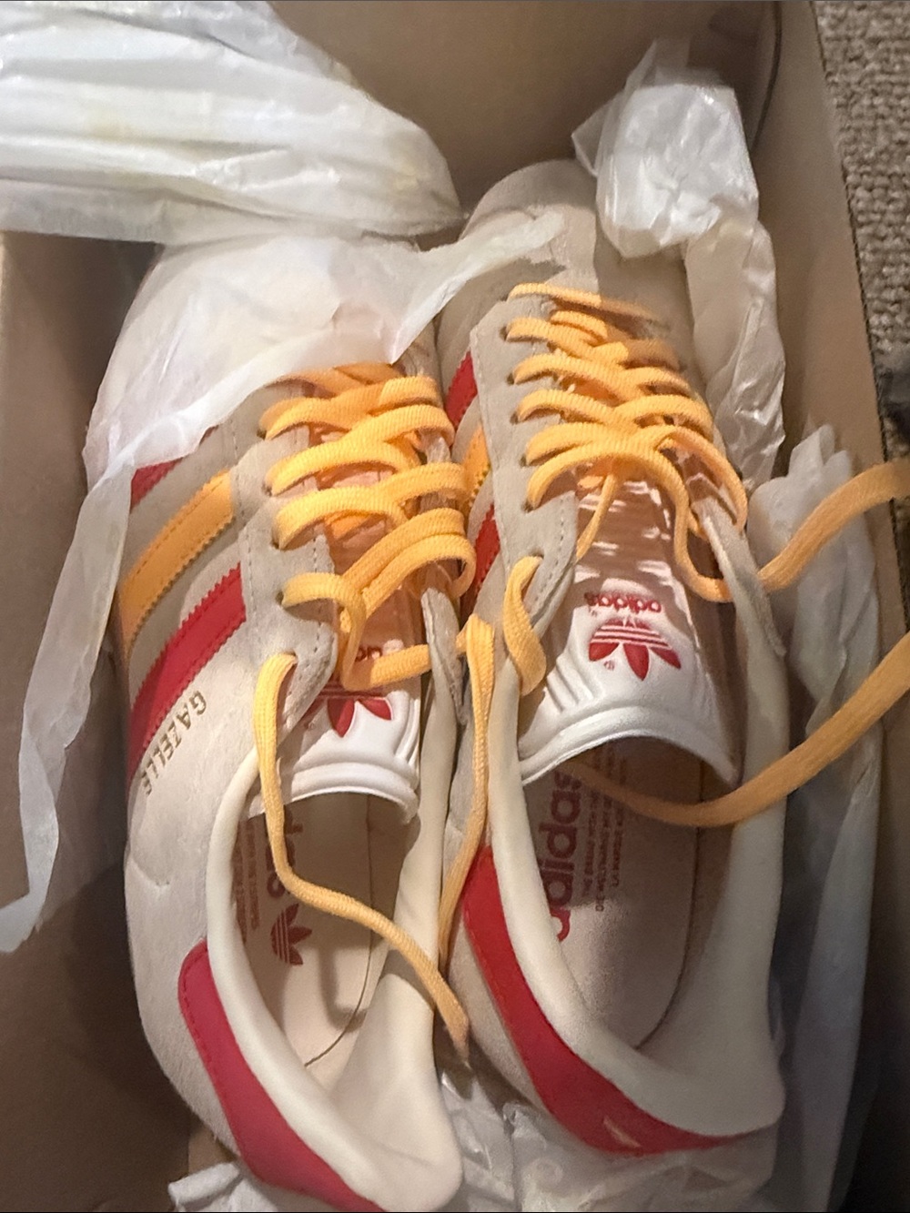 adidas Kids Beige Suede Sneakers with Red Stripes & Yellow Laces